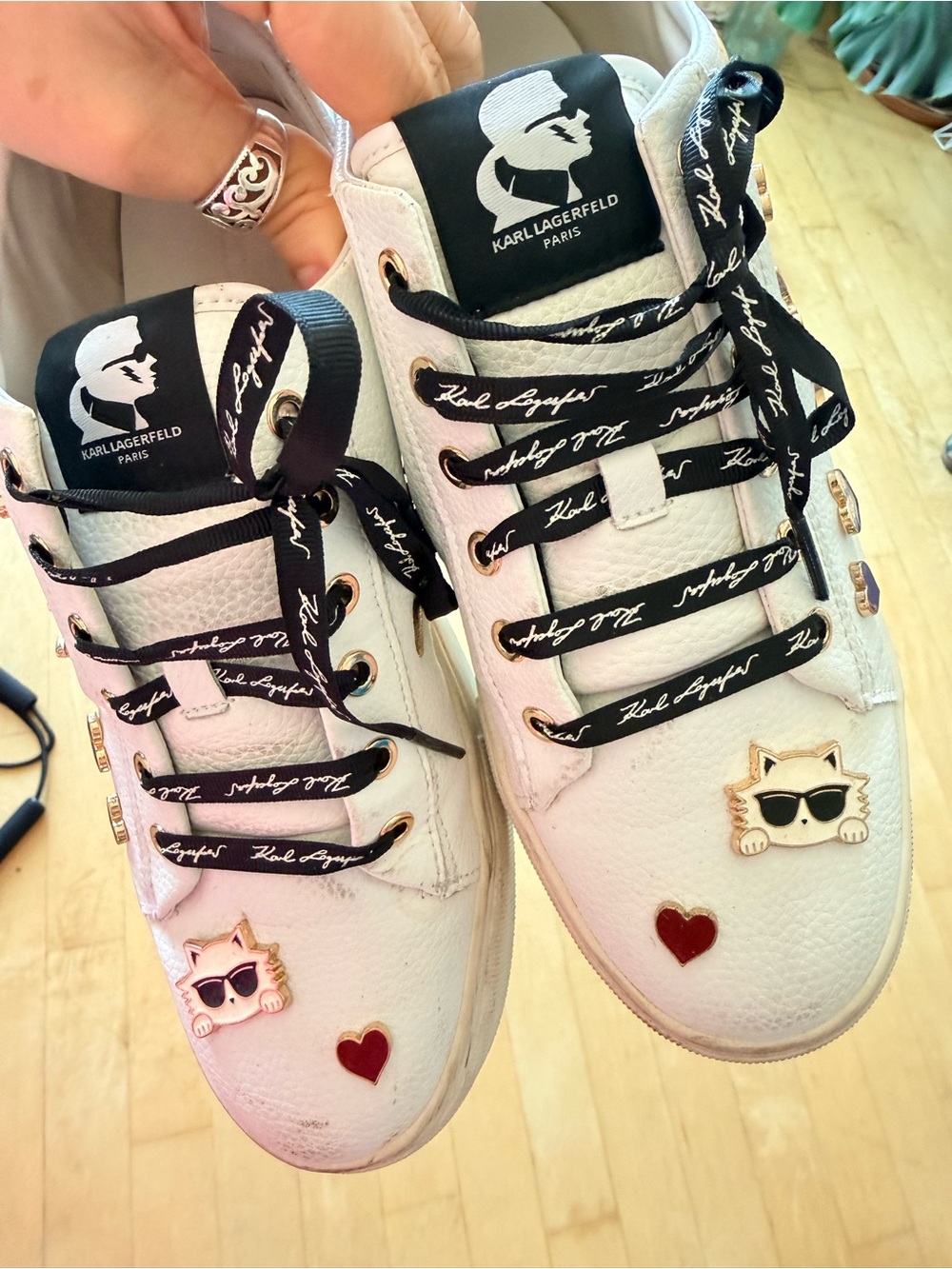 Karl Lagerfeld White Sneakers with Black Laces and Gold & Red Charms - Picture 2 of 5